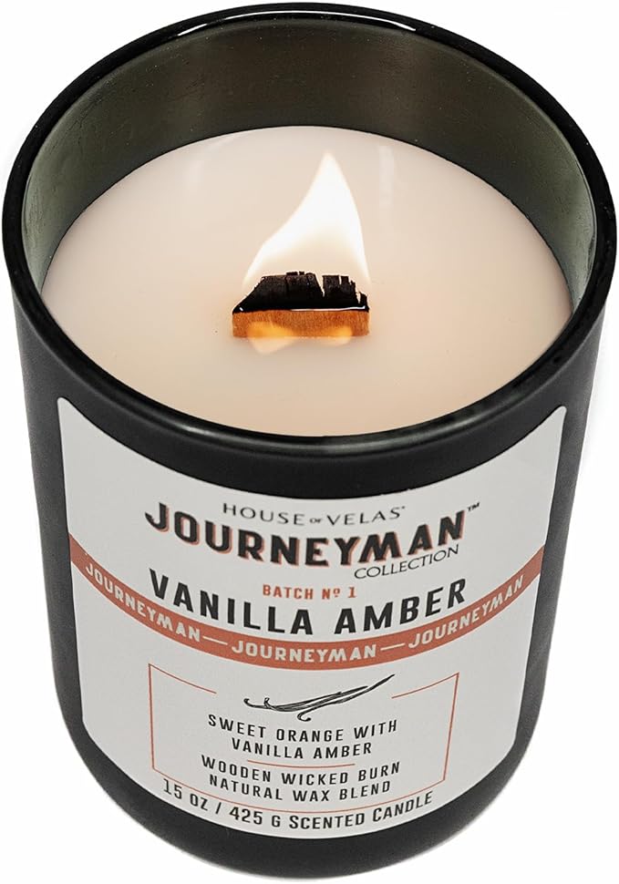 Journeyman Collection Candle, 15oz, Wooden Wick, Vanilla Amber, Large Painted Jar