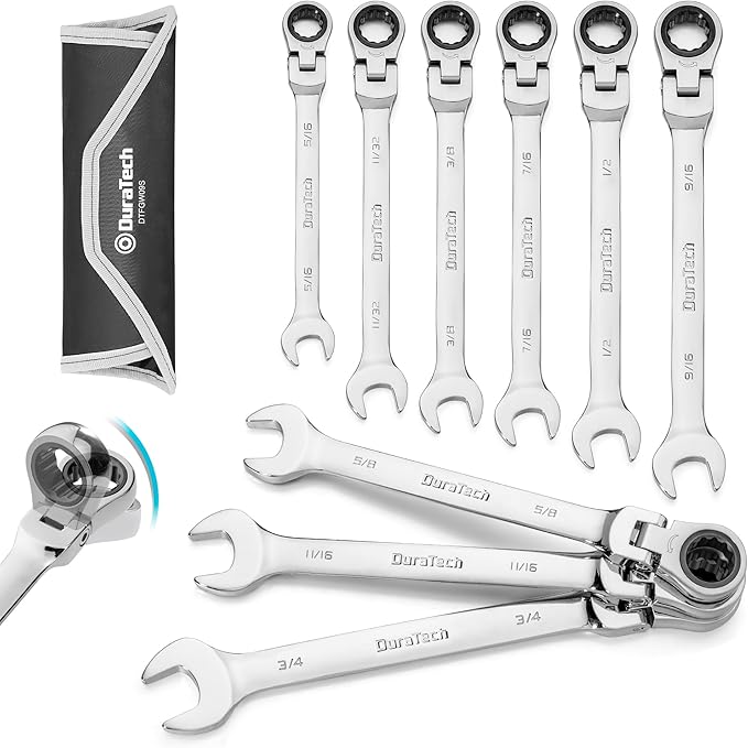 DURATECH 9-Piece Flex-Head Ratcheting Wrench Set, Combination Wrench Sets, 72 Tooth, SAE, 5/16'' to 3/4'', CR-V Steel, Mirror Polished Chrome Plated with Rolling Pouch