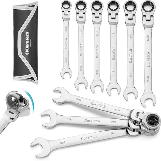 DURATECH 9-Piece Flex-Head Ratcheting Wrench Set, Combination Wrench Sets, 72 Tooth, SAE, 5/16'' to 3/4'', CR-V Steel, Mirror Polished Chrome Plated with Rolling Pouch