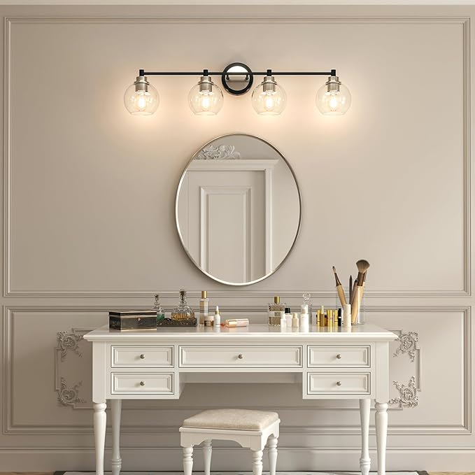 VONLUCE Bathroom Light Fixtures, 4-Light Vanity Light with Globe Glass Shades E26 Sockets, Bathroom Lights Over Mirror for Bedroom Hallway Living Room, Black & Nickel Finish