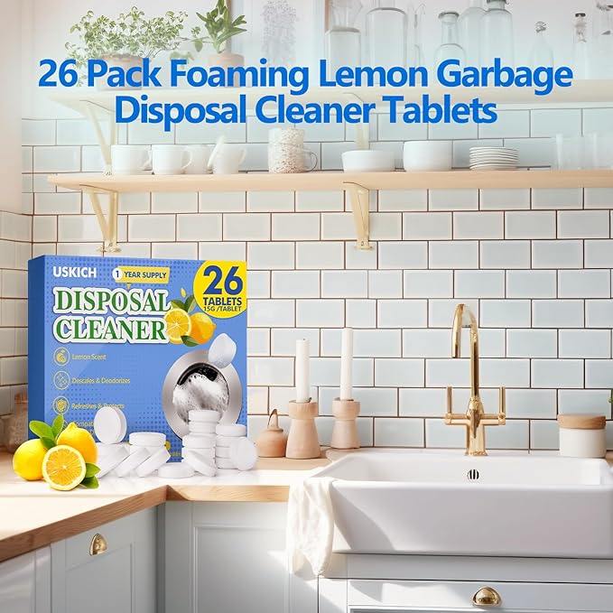 Garbage Disposal Cleaner Deodorizer Tablets 26Pack,XL Powerful Foaming Kitchen Sink Cleaners- Fresh Lemon Scented Disposal Cleaner, Natural Drain Garbage Disposer Cleaning- 1 Year Supply