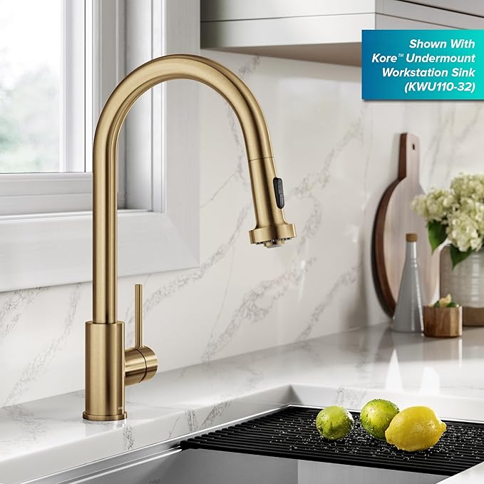KRAUS Bolden 2-Function Single Handle Pull Down Kitchen Faucet in Spot-Free Brushed Brass, KPF-1616BB