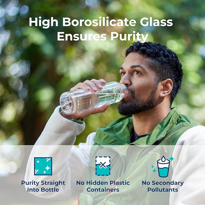 Bluevua Glass Water Bottle, 18 Oz High Borosilicate Glass with Time Marker, and Stainless Steel Leak Proof Lid, Compatible With RO100ROPOT-Travel Reverse Osmosis System