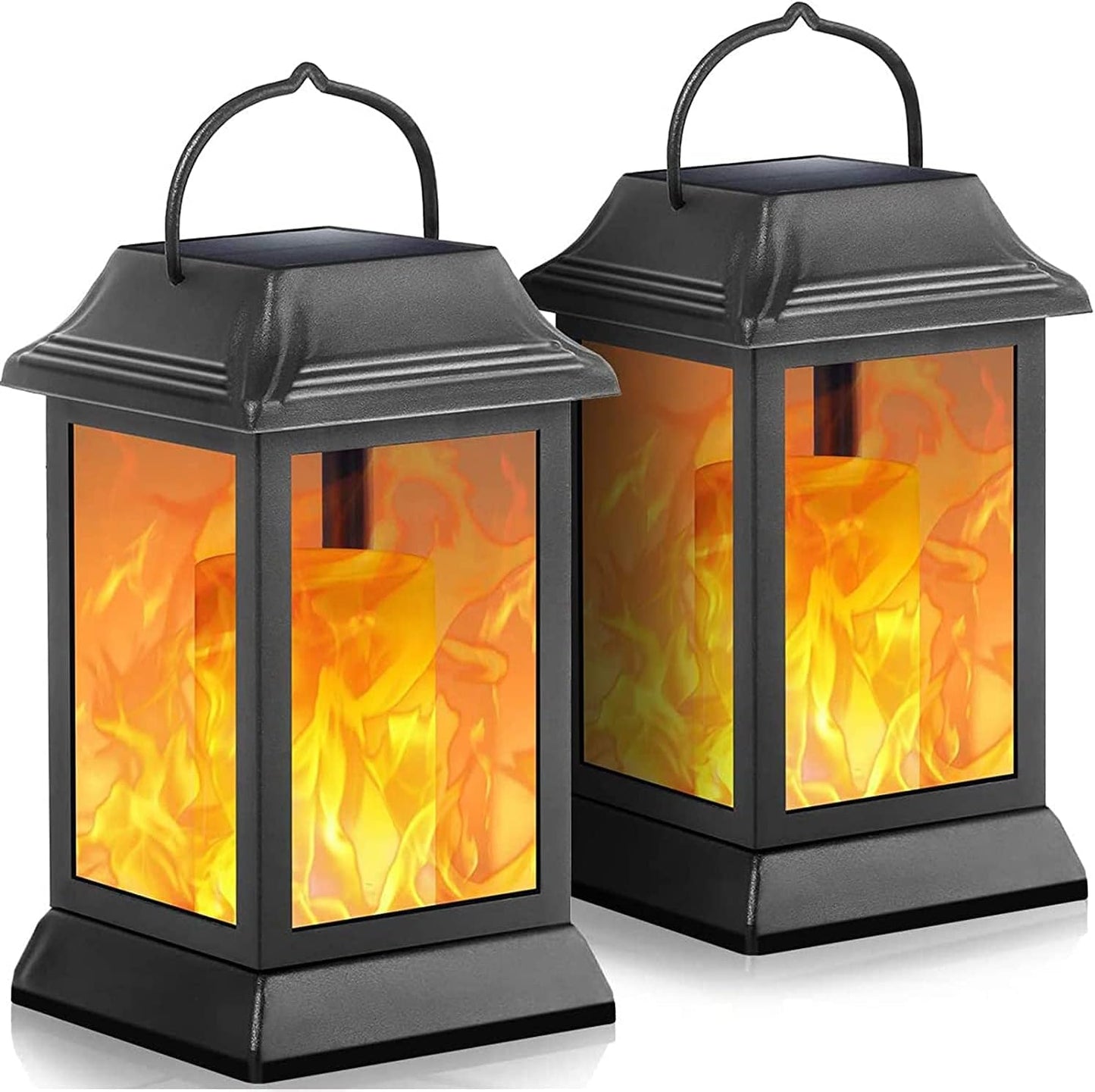 TomCare Solar Lights Metal Flickering Flame Solar Lantern Outdoor Hanging Lanterns Decorative Lighting Heavy Duty Solar Powered Waterproof Umbrella Lighting for Garden Yard Patio Deck, 2 Pack（Black）
