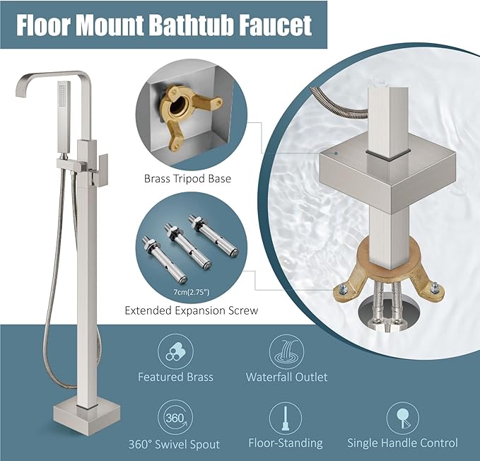 Aolemi Brushed Nickel Freestanding Bathtub Faucet Tub Filler Floor Mount Single Handle Brass Tap with Hand Shower