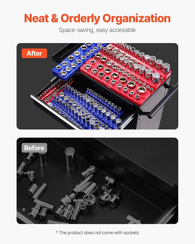 VEVOR Magnetic Socket Organizer Set, 8PCS Socket Holder, 1/4'', 3/8'' & 1/2'' Metric SAE Socket Trays with Clear Labels, Hold up to 199PCS Standard & Deep Sockets, Blaue & Red (Sockets Not Included)