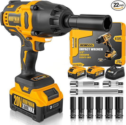 Alloyman 1/2 inch Impact Wrench Cordless, (750 N.m) 555 Ft-lbs Hight Torque Wrench,20V Power Impact Driver, Brushless Motor 2000 RPM, 2x 4.0AH Li-ion Battery,Charger,6 Sockets,3 Extension Bars