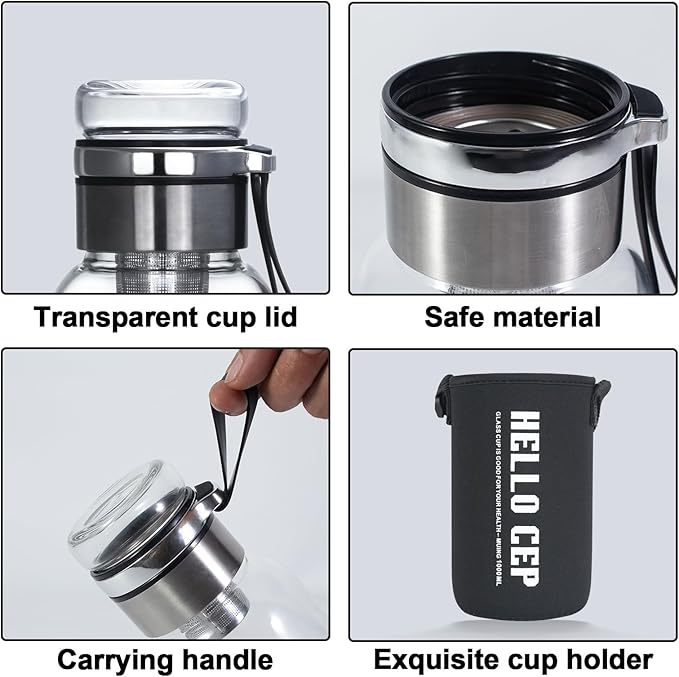 Glass Drinking Bottles,Borosilicate Sports water bottles, 34oz Capacity, With Stainless Steel Tea Strainer and Cup sleeve，Leak-Proof, BPA-Free, for Hot & Cold Beverages Tea, Juice(1PCS)