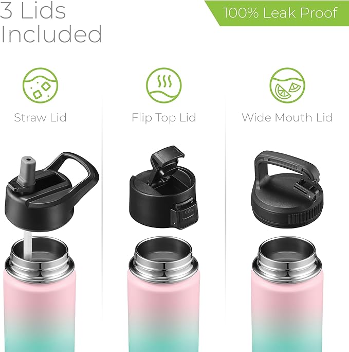 SipX™ Triple-Insulated Stainless Steel Water Bottle 18oz. With 3 Lids, BPA-Free Reusable Insulated Water Bottle Keeps Cold 24 Hours, Metal Water Bottle Made Of Sustainable Material For Hiking & Biking