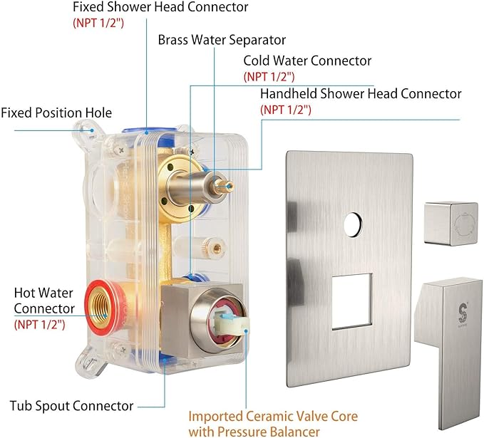 SR SUN RISE 8 Inches All Metal Square Shower System with Tub Spout, Tub Shower Faucet Set, High Pressure Rain Shower Head and Handheld Sprayer Shower Fixtues, Valve Included, Brushed Nickel