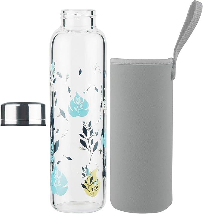 Borosilicate Glass Water Bottle, Sports Glass Drinking Bottle with Neoprene Sleeve and Stainless Steel Lid 16oz / 32oz