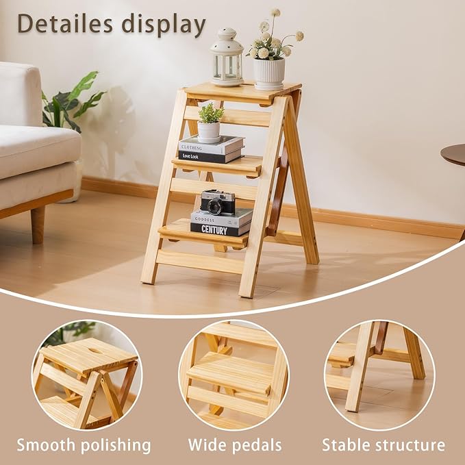 Wooden Step Stool, Foldable 3 Step Ladder, Solid Wood Ladder Stool for for Home, Kitchen & Garden Nature