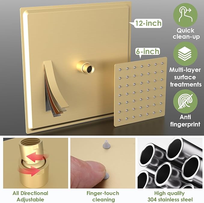 Enga Thermostatic Dual Shower System, 12"+6" Wall Mount Dual Rain Shower Faucet, All Functions Use Together & Volume Adjustable, Brushed Gold