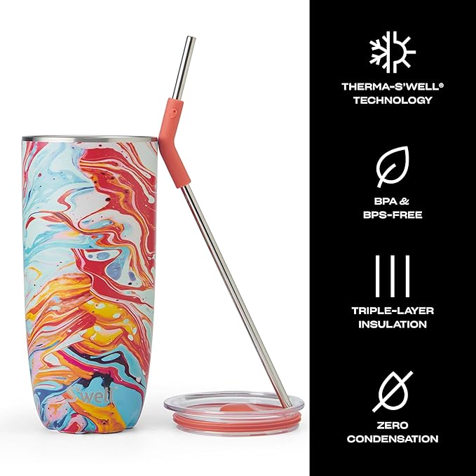 S'well Stainless Steel Tumbler with Straw and Slide-Open Lid, 24oz, Marble Swirl, Triple Layered Vacuum Insulated Containers Keeps Drinks Cold for 18 Hours and Hot for 5, BPA Free