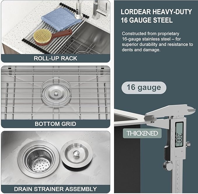Lordear 24 Laundry Sink Stainless Steel - 24" x 19" x 13" Undermount Sink Single Bowl 16 Gauge Stainless Steel Deep Laundry Room Utility Sinks Handmade Under Counter Kitchen Basin