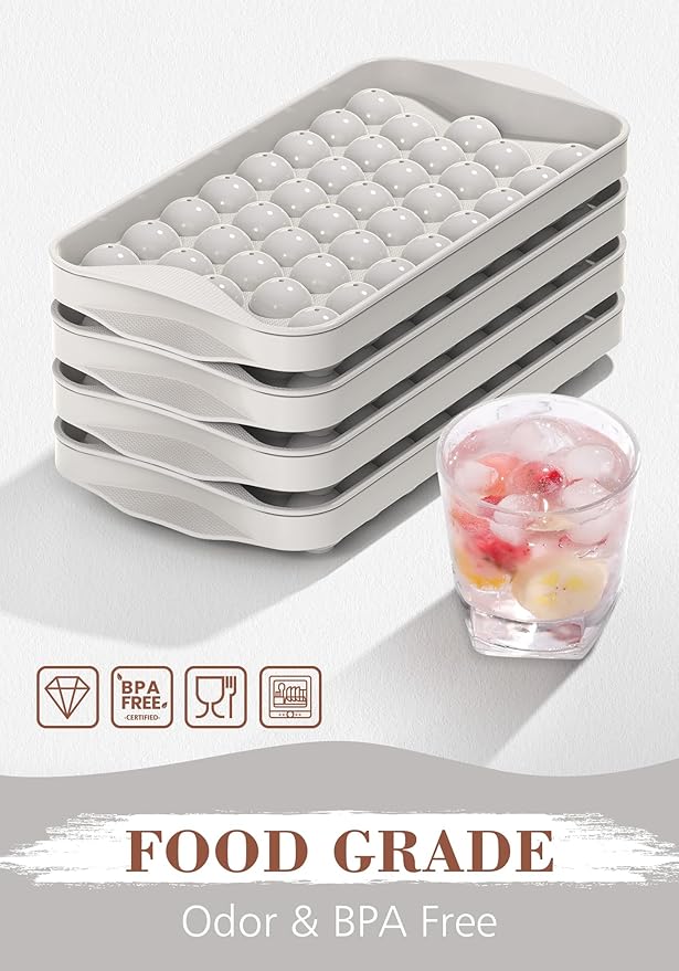 DOQAUS 4 Pack Round Ice Cube Trays with lid and Bin, Easy Pop Out Ice Trays for Freezer with Cover, Compact Circle Ice Cube Trays for Frezzer, Sphere Ice Cube Tray with Storage Ice Bucket Kits, Scoop