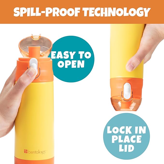 Bentology Stainless Steel 13oz Insulated Kids Water Bottle w Built In Straw- Easy to Open, Reusable BPA-Free, Fits in Most Lunch Boxes for Boys, Girls, School, Sports, Camp- Keep Drink Cold All Day