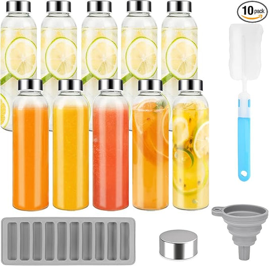 Glass Juice Bottles with Lids for Juicing 24 oz, Reusable Clear Glass Water Bottles with Stainless Steel Airtight Cap for Refrigerator, 100% Leak Proof, BPA Free, ECO Friendly, Set of 10
