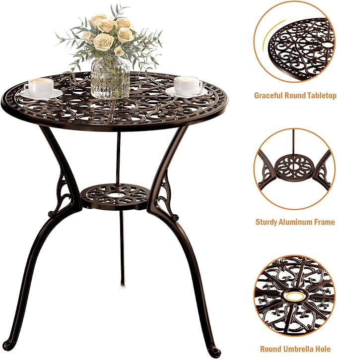 Patio Bistro Set of 2, Cast Aluminum, Outdoor Set w/Umbrella Hole, 3 Piece Table and Chairs Set, Bistro Set for Backyard/Garden/Lawn, Bronze