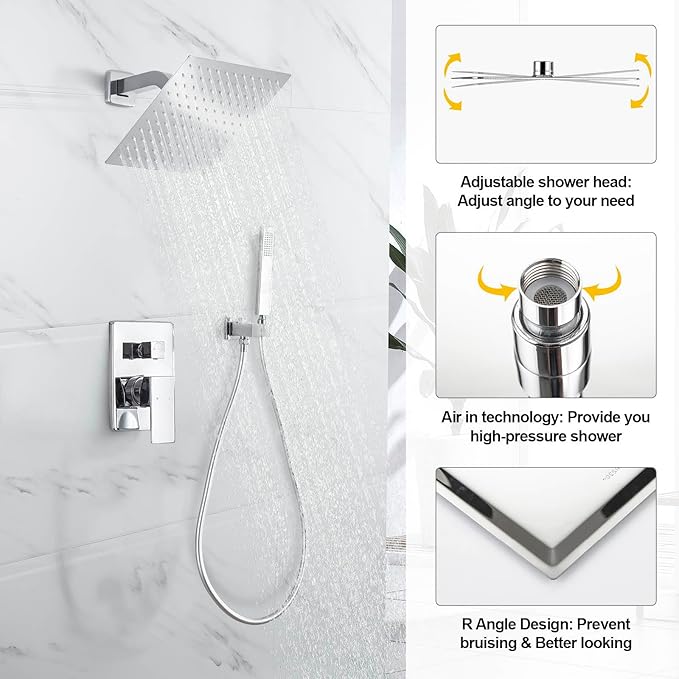 Rain Shower System with Handheld Shower, 10 Inch Wall Mounted Shower Faucet Set Bathroom Luxury Rain Mixer Shower Combo Set Rough-in Valve and Trim Kit, Chrome