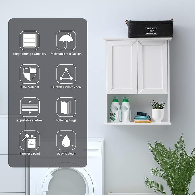 Bathroom Wall Cabinet Wooden Medicine Cabinet Buffering Hinge MDF Material Over Toilet Storage 23"x29" and Adjustable Shelves Cupboard Above Toilet with Large Space