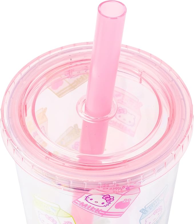 Silver Buffalo Sanrio Hello Kitty Milk Carton Pattern Plastic Boba Tumbler w Lid and Wide Straw, 24 Ounces
