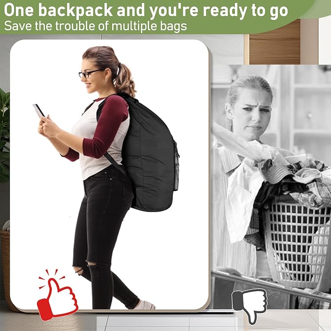 Laundry Bag Backpack, Large Travel Laundry Bags with Shoulder Straps & Mesh Pocket Durable Polyster Clothes Hamper Bag for College Laundromat Apartment (Black, Large)