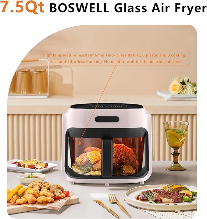 Glass Air Fryer, 7.6QT with Transparent Fry Bowl, Circulating Heating, Temperature Control, Air Fryer Roast, Dishwasher Safe (Rose Pink)