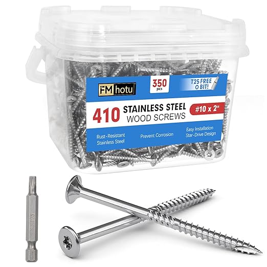 #10 x 2 Inch 410 Stainless Steel Deck Screws, 350Pcs Wood Screws T25 Star Bit