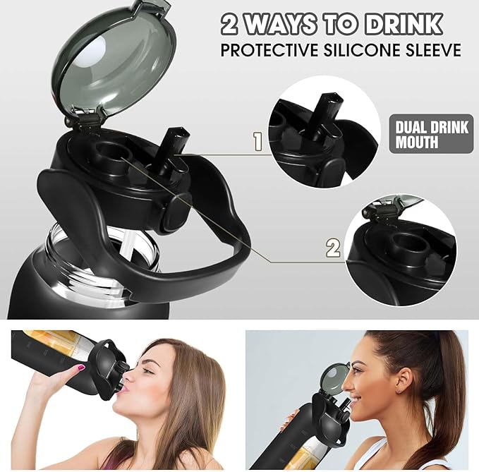 Glass Water Bottles 64 oz - Half Gallon Water Bottle with Straw Phone Holder Handle Time Marker and Silicone Sleeve, Large Motivational Water Jug with Carrier Bag for Daily Intake Gym Black