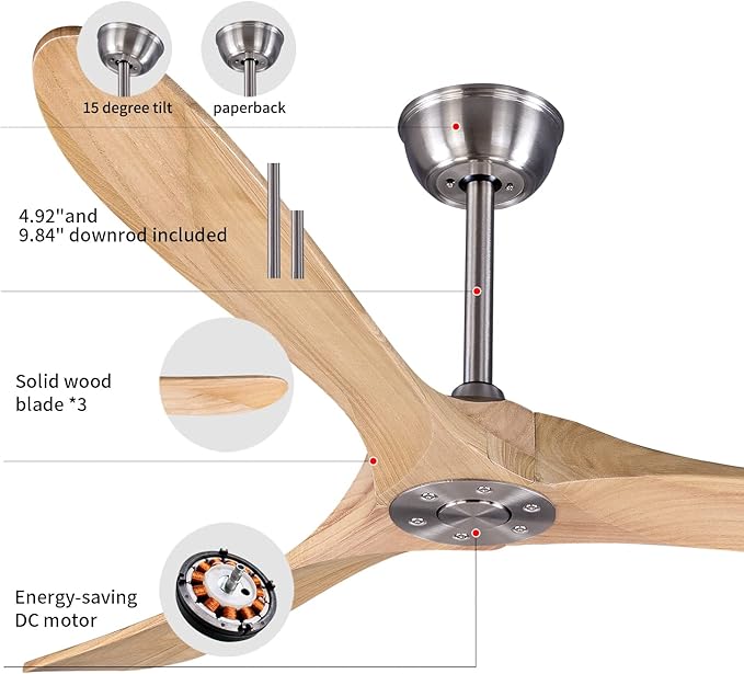 Bigzone 60" Outdoor Ceiling Fan With Remote Control, DC Motor Energy Saving, 3 Solid Wood Blades, Wood Ceiling Fan No Light, Brushed Nickel Ceiling Fan With Reversible Blades