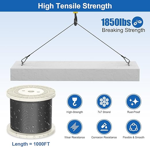 1000FT T316 Marine Grade 1/8" Stainless Steel Cable Kit w/Cutter, 7x7 Strand,1850lb Breaking Strength Wire Rope Cable for Deck Railings,Ideal for Indoor/Outdoor Railings DIY Installation, MY15