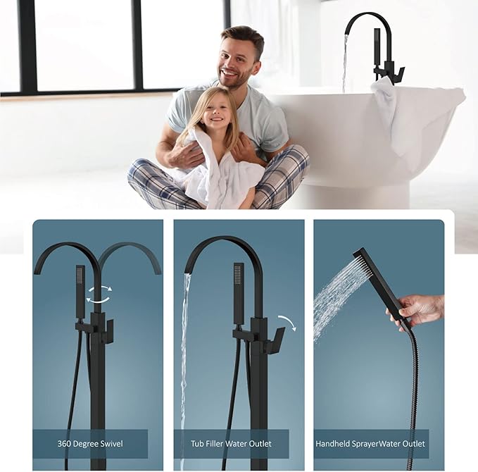 Aolemi Matte Black Freestanding Tub Filler Bathtub Faucet Floor Mounted Bathroom Waterfall Tap Brass Swivel Spout Single Handle with Handheld Shower