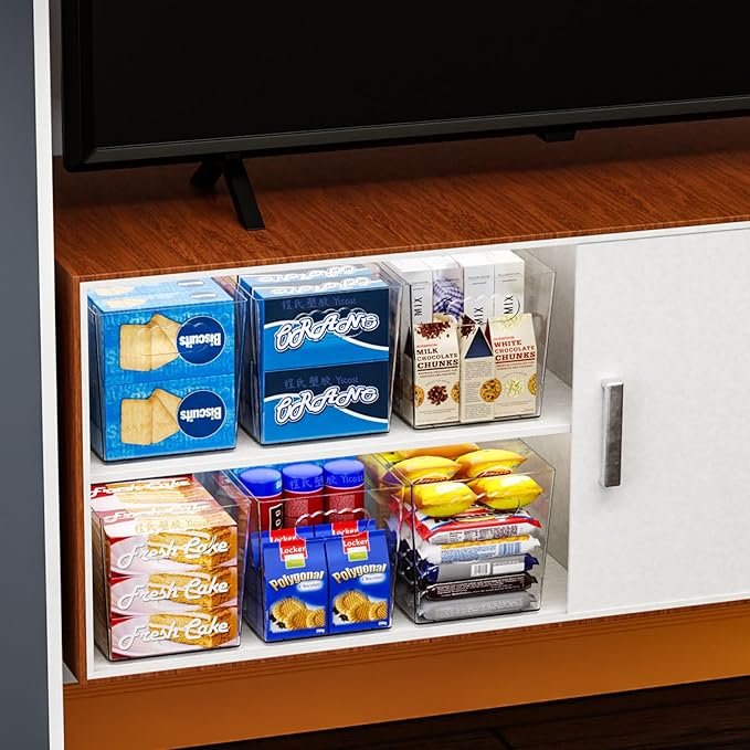 6 Pack Plastic Clear Bins for Organizing- With Handle -11″ Large Pantry Organizer Bins for Shelves Snack,Food or Cleaning Supplies,Fridge Organizers and Storage,Acrylic Kitchen Storage Containers