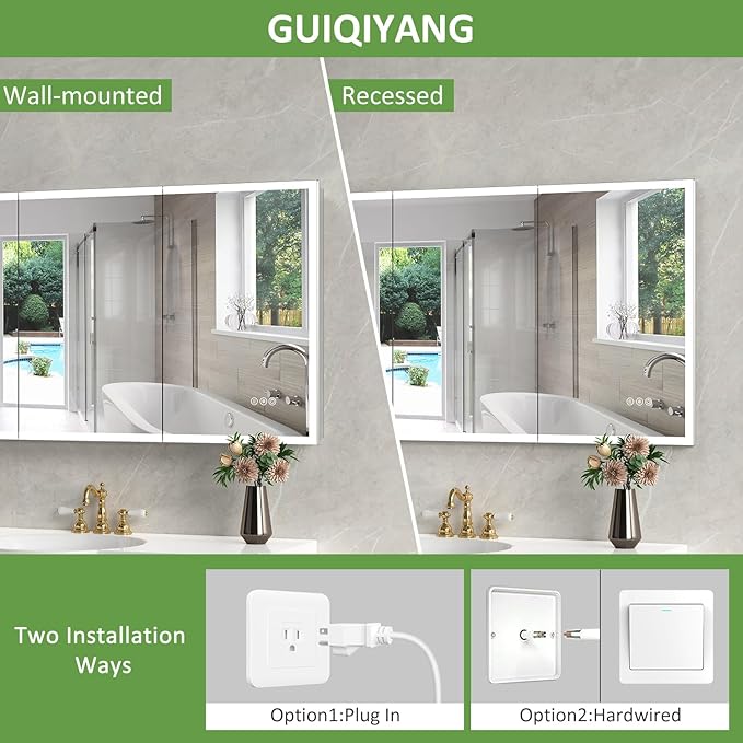 Medicine Cabinet with Lights, Bathroom LED Mirror Cabinet with Storage, Anti-Fog & 3 Color Lights, Recessed or Wall Mounted (40X32 in)