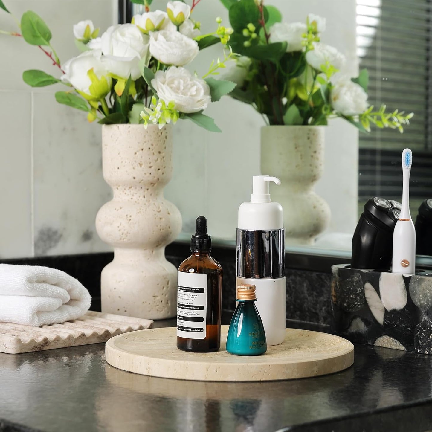 BCS Natural Travertine Tray, 9.8" Round Decorative Marble Vanity Tray for Bathroom Countertop, Kitchen Counter, Coffee Table, or Catchall, Stone Organizer for Jewelry, Perfume, Candles, Home Decor