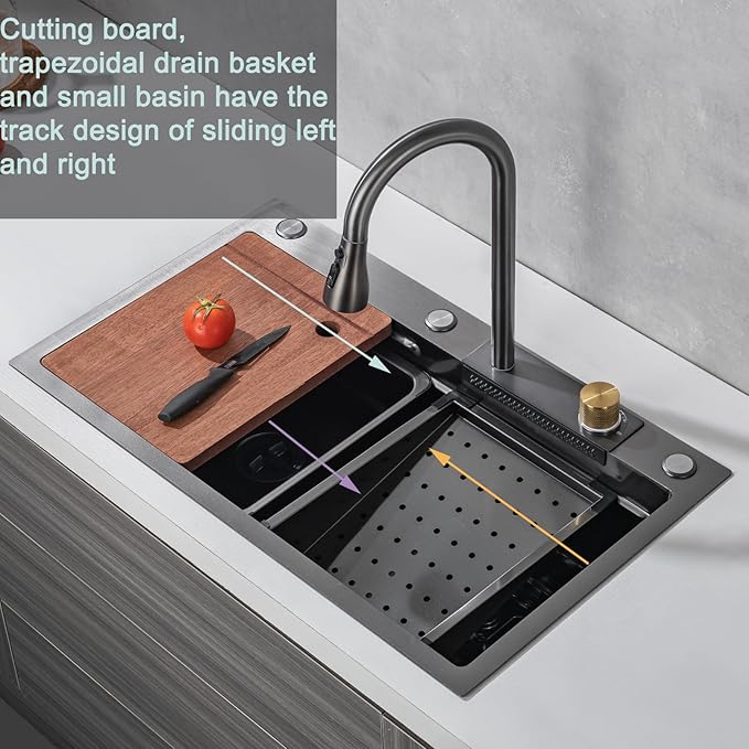 30"Kitchen Sink with Faucet Combo Waterfall Black Stainless Steel Waterfall Sink Kitchen Countertop Multi-Functional Sinks Farmhouse Undermount or Countertop Drop in