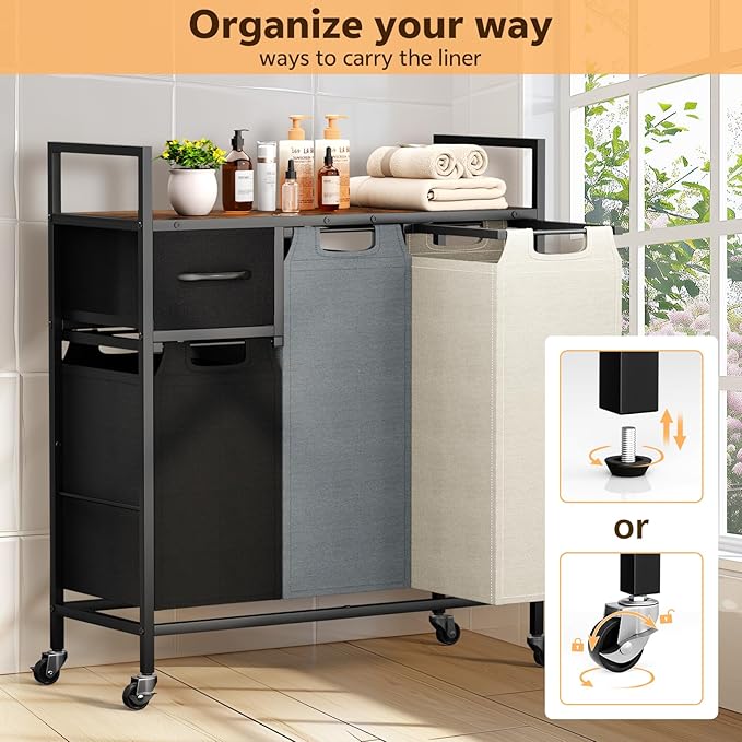 145L Laundry Hamper: Laundry sorter 3 Section - Laundry Room Organization and Storage with 4 Pull-Out Drawers, Removable Oxford Bags, Lockable Wheels & Sturdy Shelf for Home, Bathroom, Bedroom