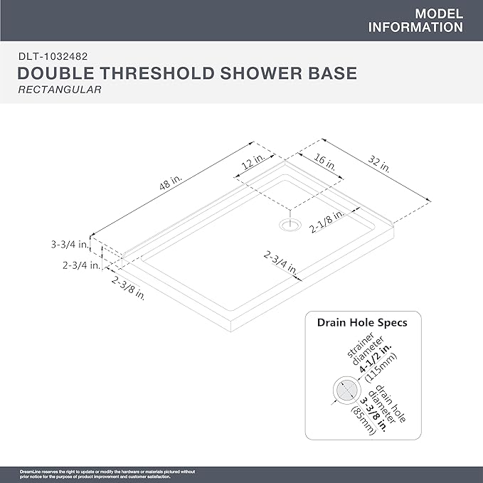 DreamLine SlimLine 32 in. D x 48 in. W x 2 3/4 in. H Right Drain Double Threshold Shower Base in White