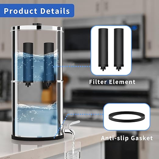 Gravity-Fed Water Filter System 2.25G Stainless Steel Countertop Water Filtration System with 2 Carbon Filters Reduce Lead and 99% Chlorine Conforms to NSF/ANSI 42&372 Standards Portable