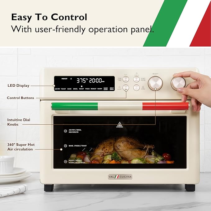 VAL CUCINA Air Fryer Toaster Oven Combo 10-in-1 Countertop Oven with Graphene Heating and True Convection, Non-Toxic Enamel Interior, Bake 12" Pizza, 6 Slices Toast, with Enamel Baking Pan Easy Clean