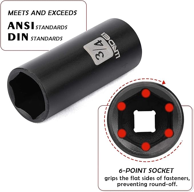 LLNDEI 3/8" Drive Impact Socket Set SAE and Metric (5/16"- 3/4", 8-22mm) 48pcs, CR-V Steel, 6 Point Sockets, Extension Bar (3-in, 6-in), 1/2"F to 3/8"M Reducer Universal Joint