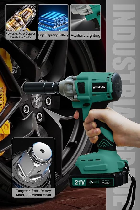 Cordless Impact Wrench, 1/2 Impact Gun, 2 Batteries, Pistola de Impacto, with 5 Sockets, Electric Impact Driver for Car Tires and Home DYL
