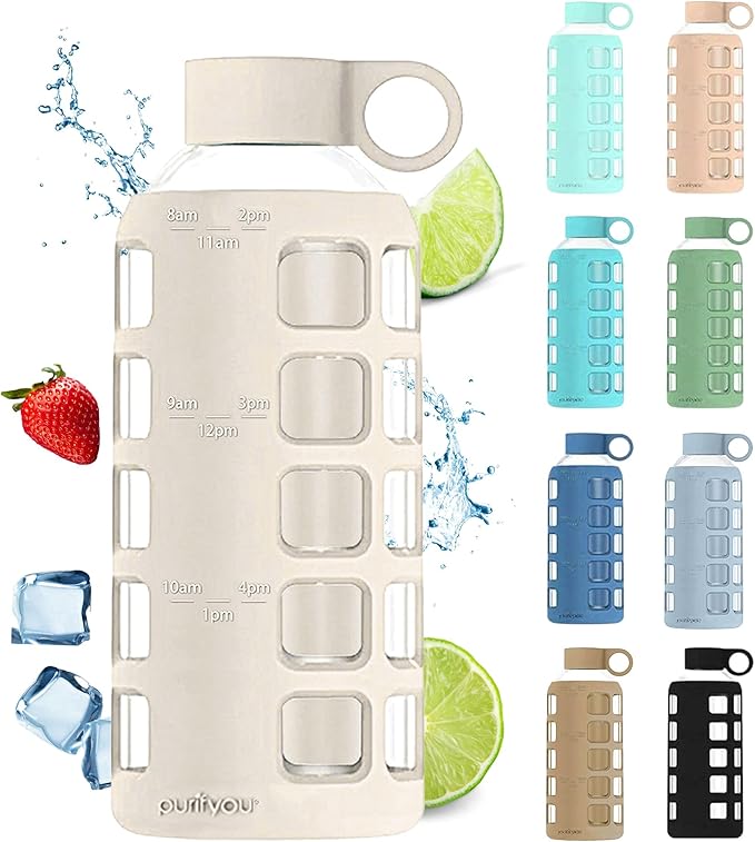 purifyou Premium 40/32 / 22/12 oz Glass Water Bottles with Volume & Times to Drink, Silicone Sleeve & Stainless Steel Lid Insert, Reusable Bottle for Fridge Water, Milk, Juice (22oz Pearled Ivory)