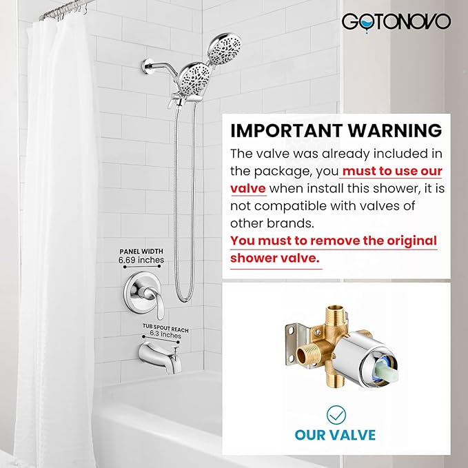gotonovo Tub Shower Faucet Set,2 in 1 Dual Shower Head and Handle Set with Tub Spout Wall Mount Bathroom Shower Trim Kit with 3-way Water Diverter Valve Included Various Modes Polished Chrome