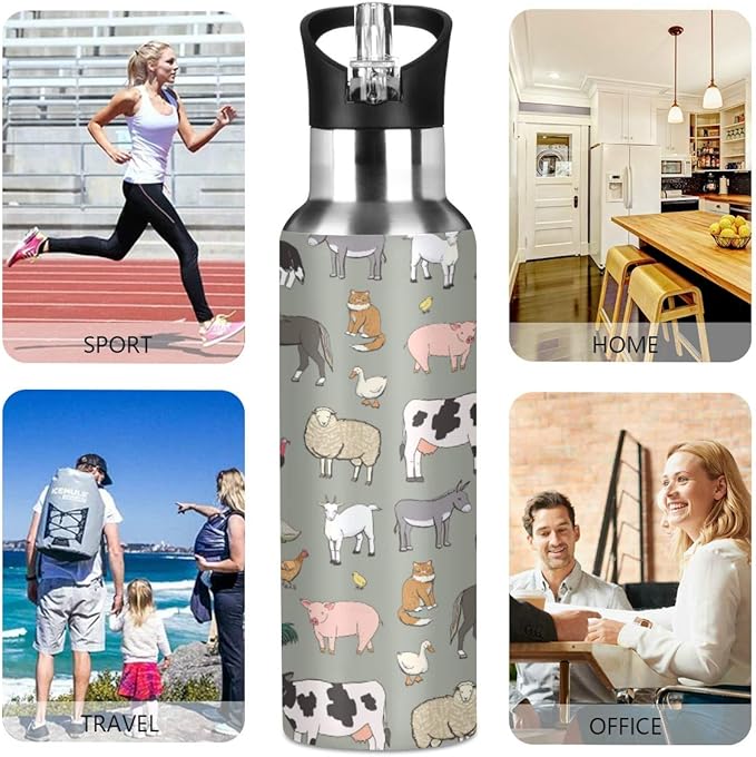 Farm Animals Pattern Stainless Steel Water Bottle with Straw, BPA Free Reusable Leakproof Water Jug for Fitness Camping Outdoor Sports