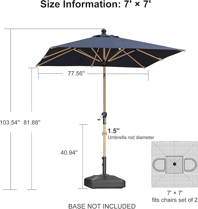 PURPLE LEAF 6.5' x 6.5' Square Patio Umbrella Market Umbrella Aluminum Outdoor Table Umbrella with Push Button Tilt & 8 Sturdy Ribs and Crank Commercial Sun Umbrella for Pool Backyard Deck, Navy Blue
