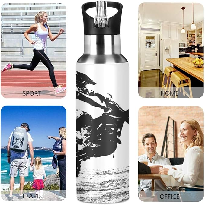 Motocross Rider Water Bottle with Straw Lid for Fitness Gym Camping Outdoor Sports, Wide Mouth Vacuum Insulated 18/8 Stainless Steel, 22 oz