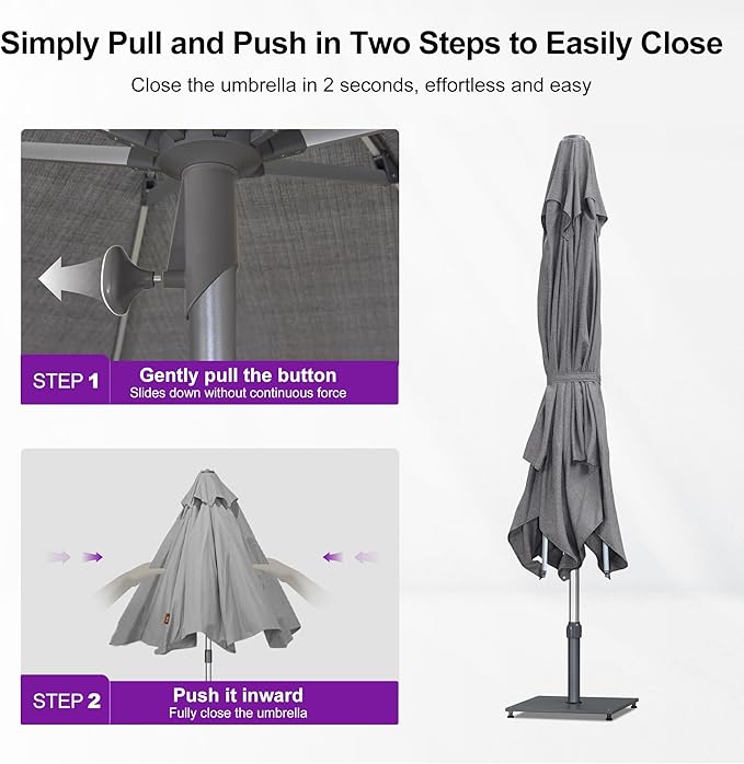 PURPLE LEAF 10 X 10 FT Semi-Auto Outdoor Patio Umbrella Market Table Sun Umbrellas with 8 Aluminum Sturdy Ribs for Backyard Deck Garden Pool (Silver Pole Gray Canopy)