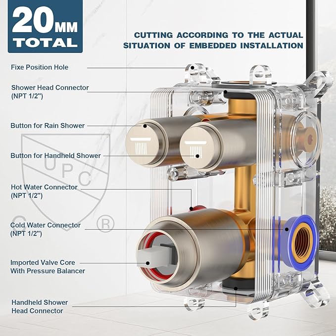 Rainfall Shower System, 12 inch Wall Mounted Rain Shower Head with Handheld Spray, Push Button Diverter 2 Functions Simultaneous Use, Shower Faucet Set Rough-In Valve Includ, Brushed Nickel